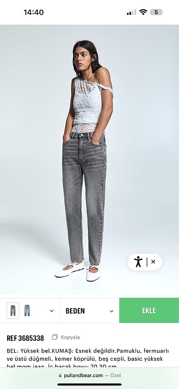 34 Beden gri Renk Pull and bear yüksek bel jean