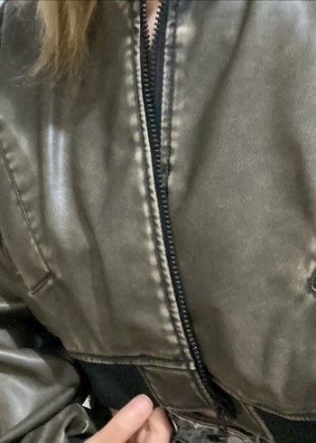 Kadın Gri Deri Fermuarlı Ceket - Görsel 5