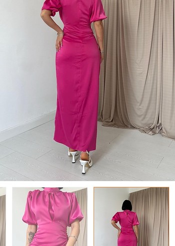 Pembe Uzun Drapeli V Yakalı Elbise