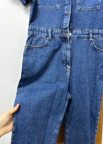 Düğmeli Lacivert Denim Kadın Tulum - Görsel 3