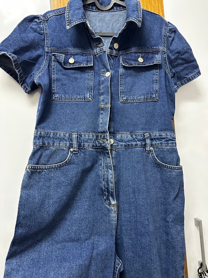 Düğmeli Lacivert Denim Kadın Tulum - Görsel 2