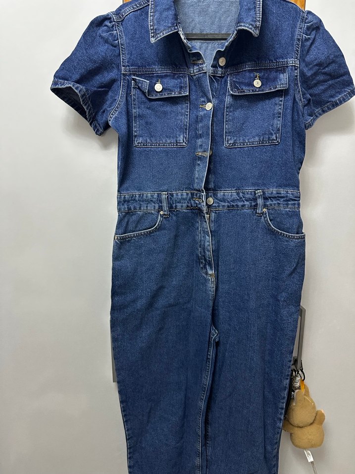 Düğmeli Lacivert Denim Kadın Tulum - Görsel 4