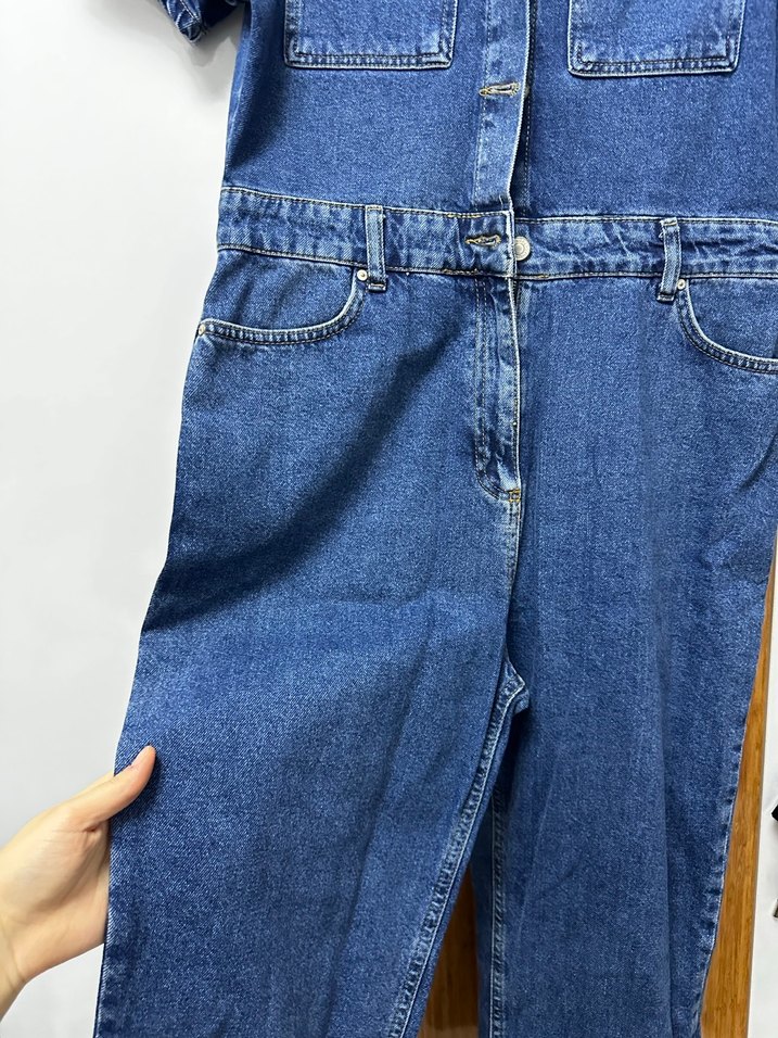 Düğmeli Lacivert Denim Kadın Tulum - Görsel 3
