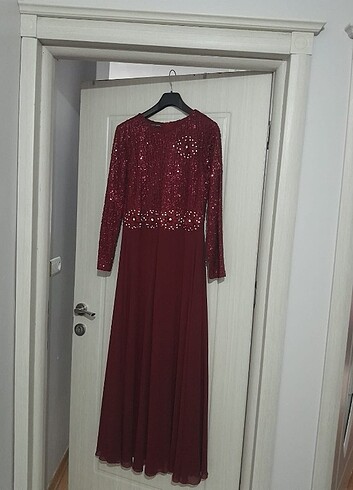 Bordo abiye astarlı taşlı şık düğün mezuniyet tesettur 