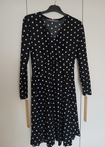 Uzun Kollu Puantiyeli Siyah Midi Elbise - Görsel 3