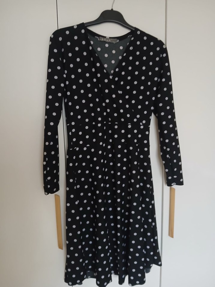 Uzun Kollu Puantiyeli Siyah Midi Elbise - Görsel 3