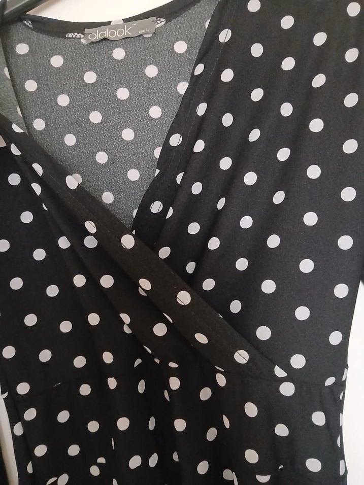 Uzun Kollu Puantiyeli Siyah Midi Elbise - Görsel 4