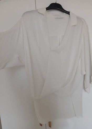 Beyaz Kadın V Yaka Kısa Kollu Salaş Gömlek - Görsel 2