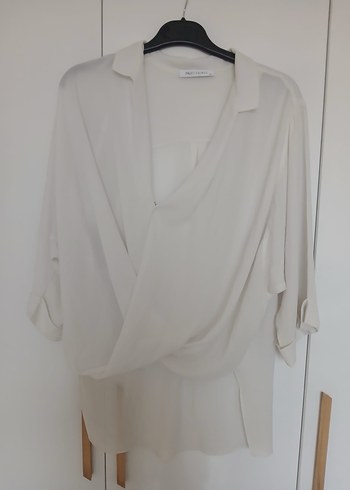 Beyaz Kadın V Yaka Kısa Kollu Salaş Gömlek - Görsel 3