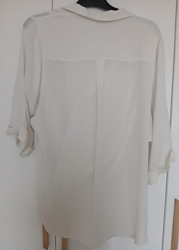 Beyaz Kadın V Yaka Kısa Kollu Salaş Gömlek - Görsel 4