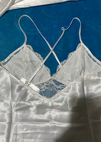 Kadın Parlak Beyaz Kısa Kollu gecelik takımı saten kumaş - Görsel 6