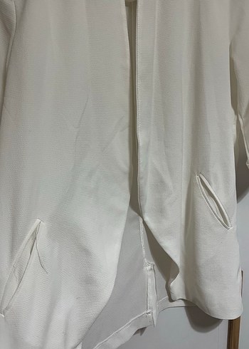 m Beden Beyaz Keten Dökümlü Midi Kadın Blazer