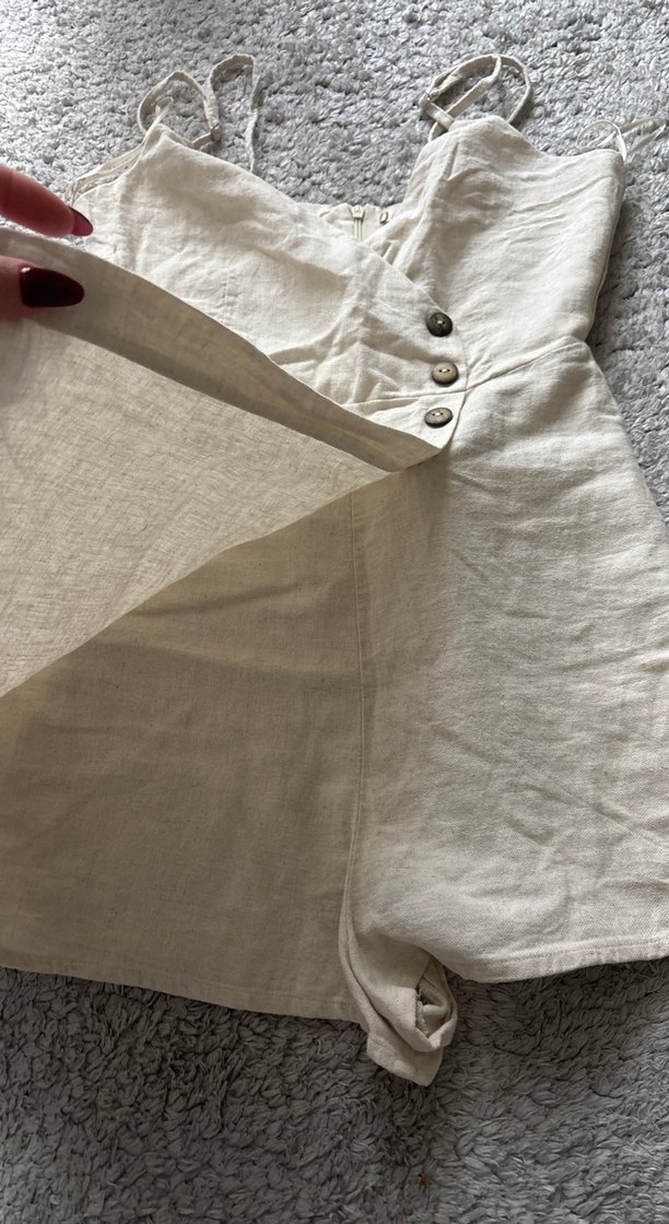 Düğmeli Keten Kısa Tulum - Görsel 5