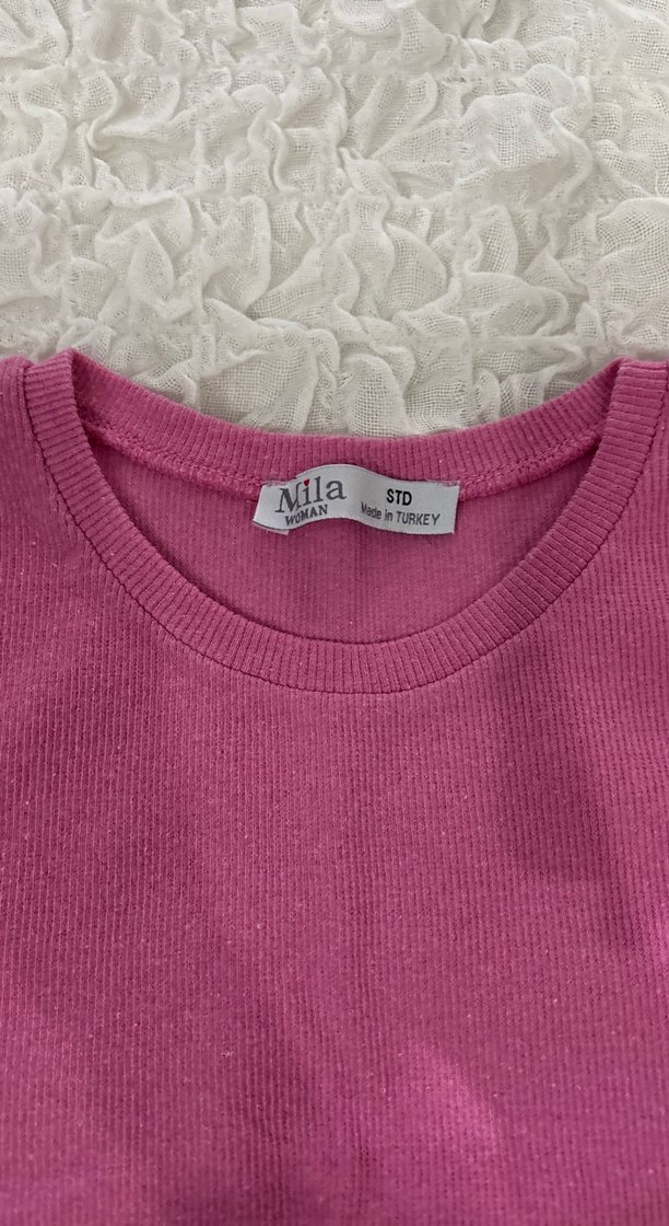 Pembe Basic Kısa Kollu Crop - Görsel 3