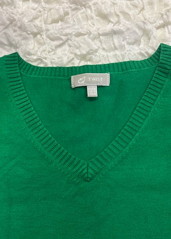 Kadın Yeşil V Yaka Pamuklu Kazak Twist - Görsel 2