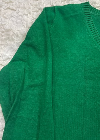 Kadın Yeşil V Yaka Pamuklu Kazak Twist - Görsel 3