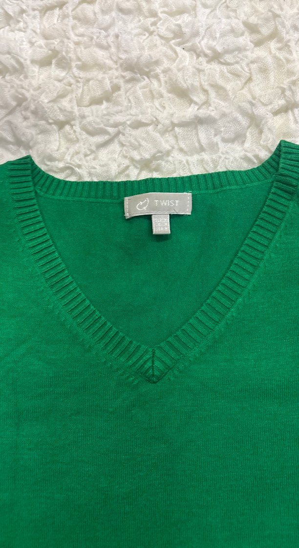 Kadın Yeşil V Yaka Pamuklu Kazak Twist - Görsel 2