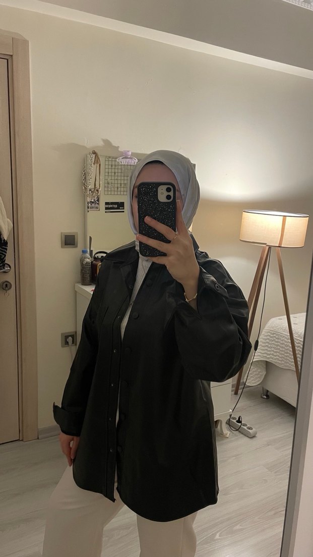 Siyah Midi Deri Kadın Yağmurluk - Görsel 5