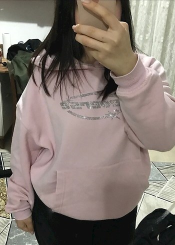 universal Beden Pastel Pembe Kapüşonlu Kadın Sweatshirt