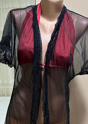 Kısa Kollu Siyah Gotik Midi Kadın Sabahlık - Görsel 2