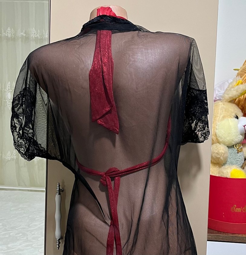 Kısa Kollu Siyah Gotik Midi Kadın Sabahlık - Görsel 3