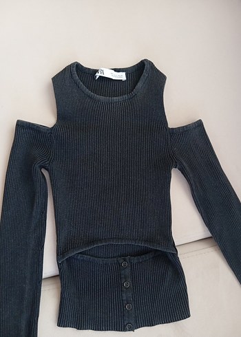 Düğmeli Siyah Uzun Kollu Crop Kazak - Görsel 2