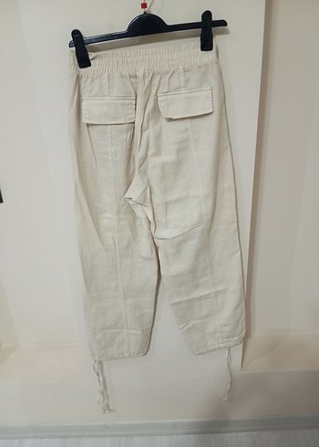 Beyaz Keten Rahat Kesim Kadın Pantolon - Görsel 3