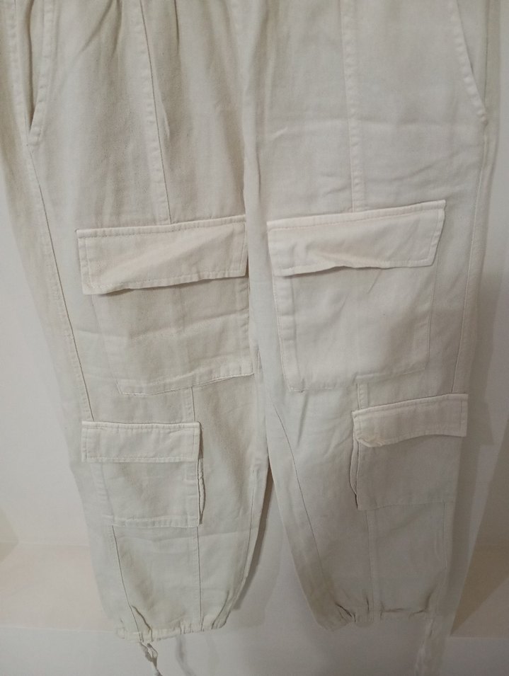 Beyaz Keten Rahat Kesim Kadın Pantolon - Görsel 2