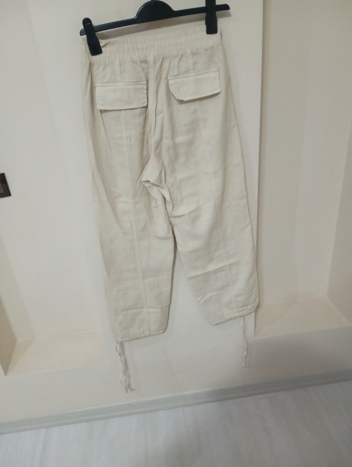 Beyaz Keten Rahat Kesim Kadın Pantolon - Görsel 4