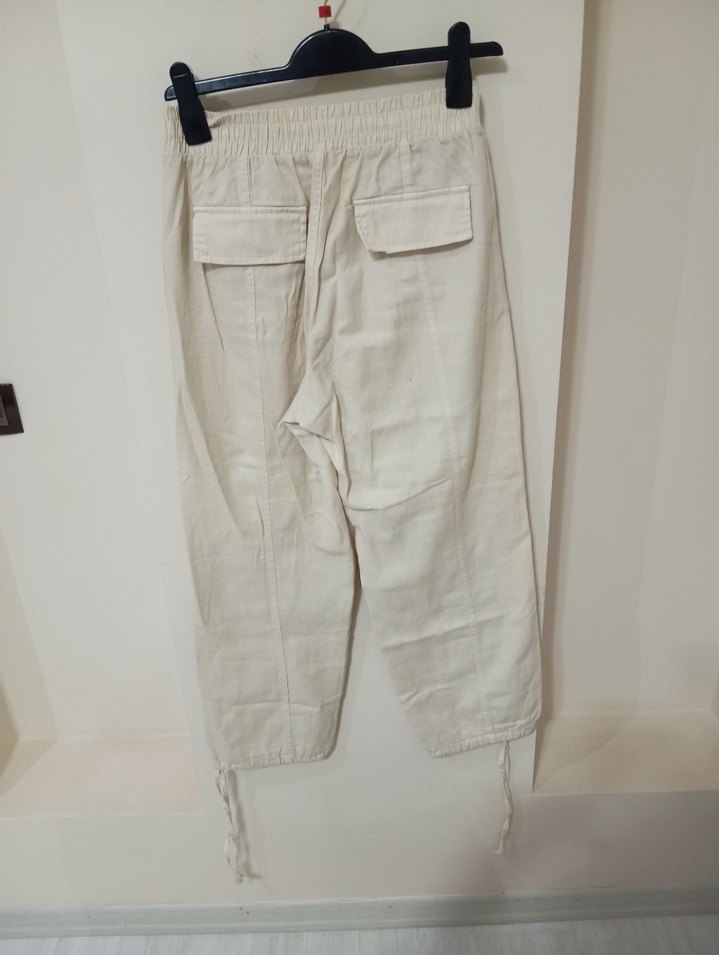 Beyaz Keten Rahat Kesim Kadın Pantolon - Görsel 3