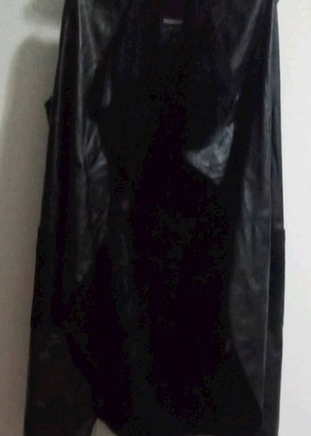 Uzun Siyah Deri Kadın Yelek - Görsel 3