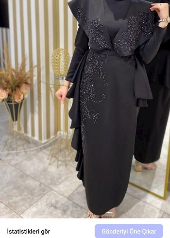 Uzun Kollu Siyah İşlemeli Abiye Elbise - Görsel 2