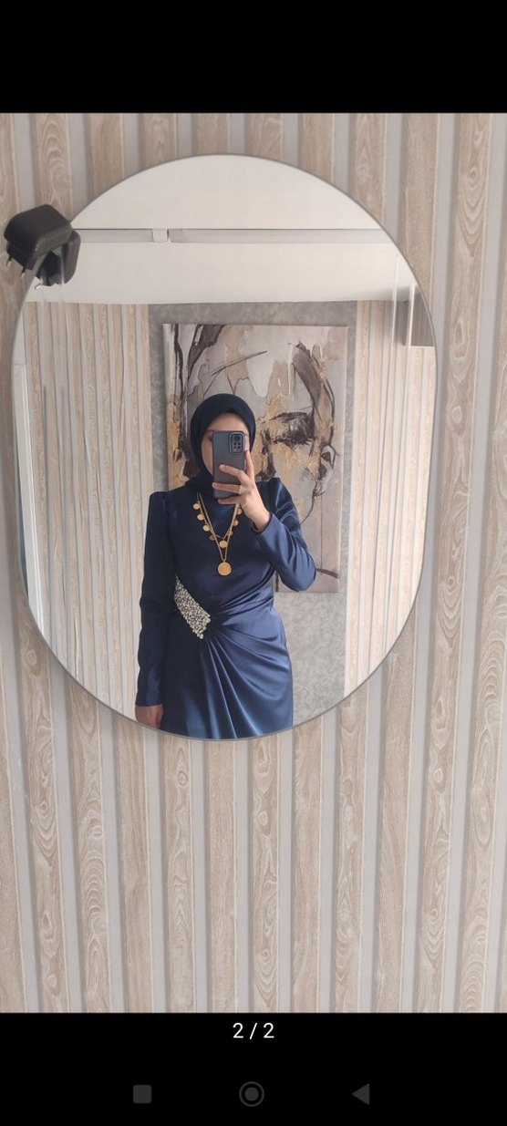 Lacivert Uzun Kollu Saten Elbise - Görsel 2