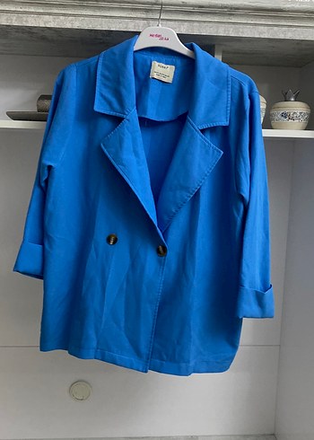 Düğmeli Mavi Keten Kadın Blazer - Görsel 2