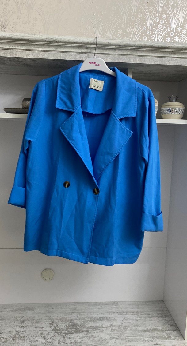 Düğmeli Mavi Keten Kadın Blazer - Görsel 2