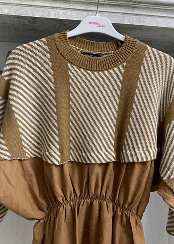 Kahverengi Çizgili Kısa Triko Kadın Kazak - Görsel 2