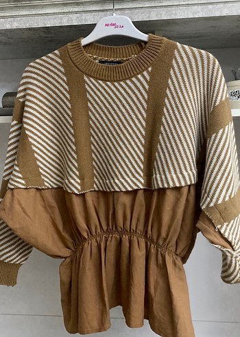 Kahverengi Çizgili Kısa Triko Kadın Kazak - Görsel 3