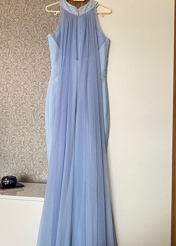 İnci İşlemeli Uzun Mavi Abiye Elbise - Görsel 4