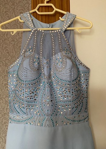 İnci İşlemeli Uzun Mavi Abiye Elbise - Görsel 2