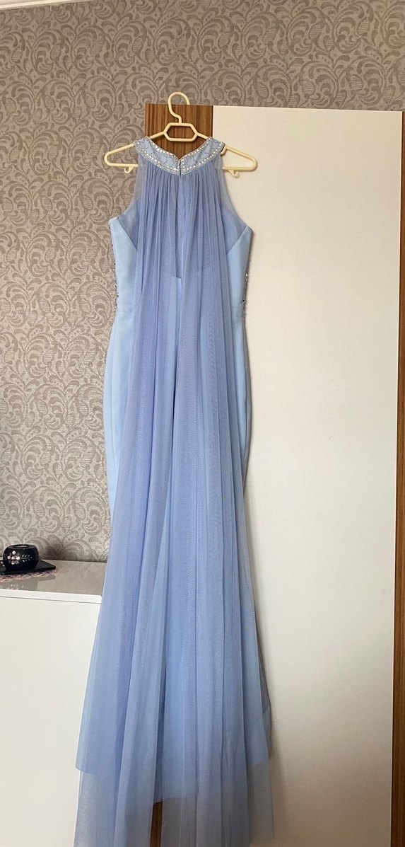İnci İşlemeli Uzun Mavi Abiye Elbise - Görsel 4