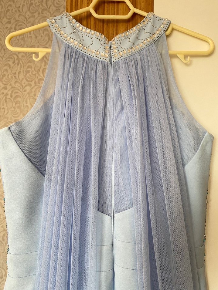 İnci İşlemeli Uzun Mavi Abiye Elbise - Görsel 3