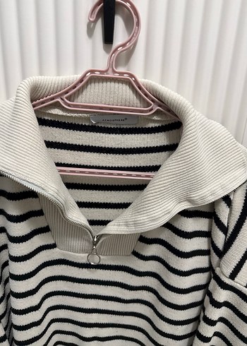 Çizgili Yarım Fermuarlı Kadın Triko Kazak - Görsel 2