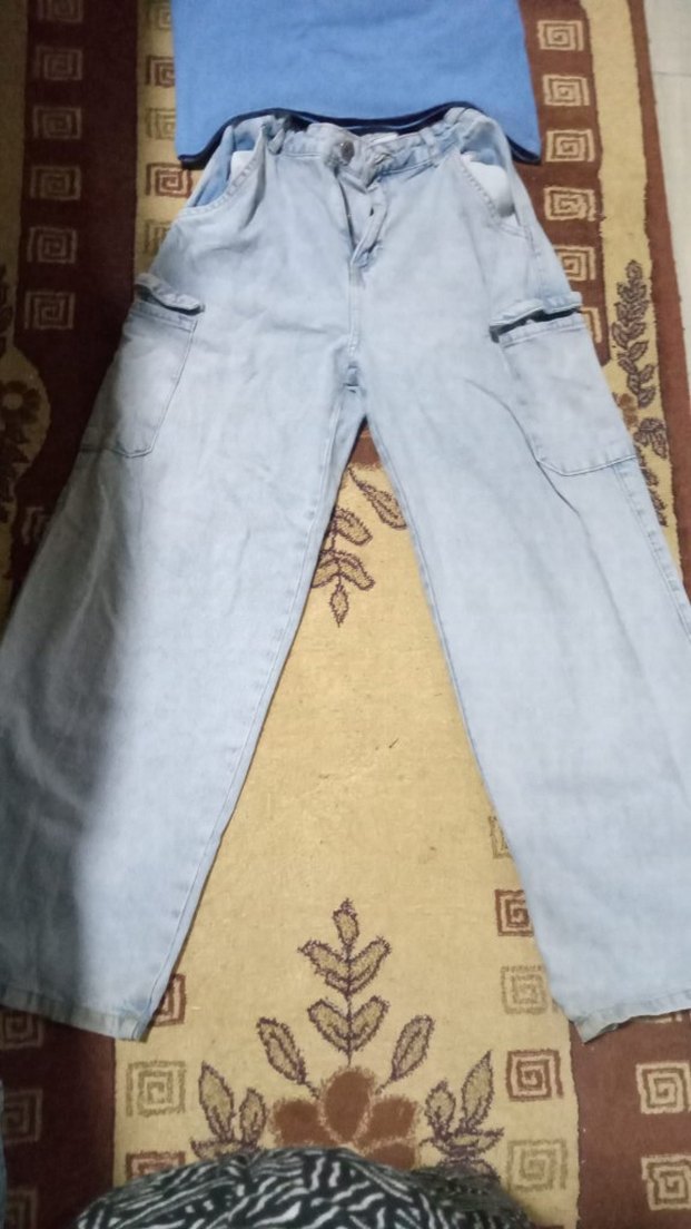 kiz cocuk  Mavi Belden Kemerli Bol Kesim Denim Pantolon - Görsel 2