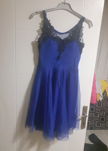 mavi  Dantel Detaylı Mini Abiye Elbise - Görsel 2