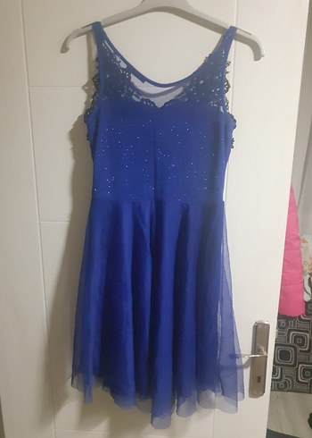 mavi  Dantel Detaylı Mini Abiye Elbise - Görsel 4