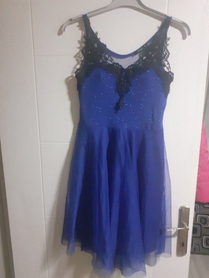 mavi  Dantel Detaylı Mini Abiye Elbise - Görsel 3