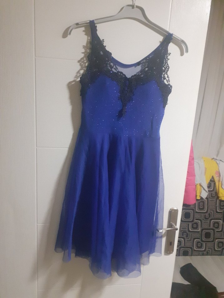 mavi  Dantel Detaylı Mini Abiye Elbise - Görsel 2