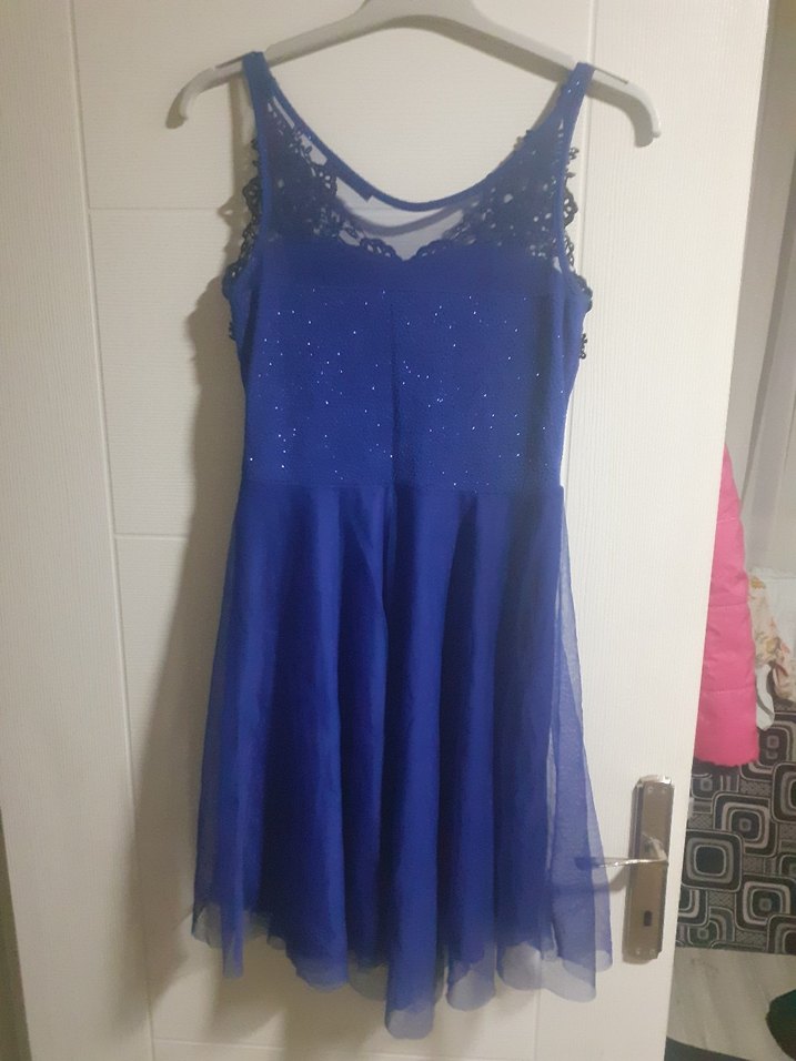 mavi  Dantel Detaylı Mini Abiye Elbise - Görsel 4