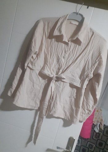 bej Kemerli Keten Kadın Gömlek - Görsel 2