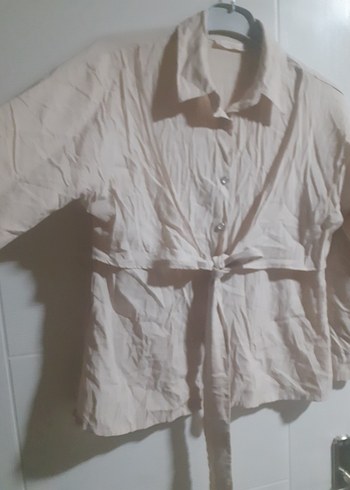 bej Kemerli Keten Kadın Gömlek - Görsel 3